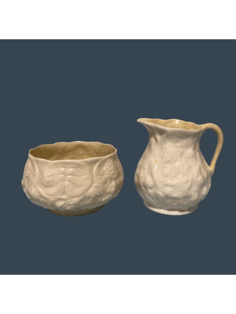 Antique Belleek Ireland Lotus Pattern Creamer and Sugar Bowl Set Black Mark